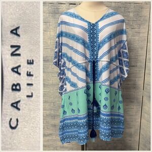 Cabana Life Small Blue Green Medallion Tassel V‎ Neck Kaftan Cover Up